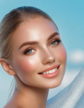 Skin care. Woman with beauty face touching healthy facial skin portrait. Beautiful smiling asian girl model with natural makeup touching glowing hydrated skin on blue background closeup