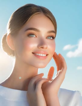 Skin care. Woman with beauty face touching healthy facial skin portrait. Beautiful smiling asian girl model with natural makeup touching glowing hydrated skin on blue background closeup