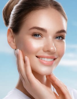 Skin care. Woman with beauty face touching healthy facial skin portrait. Beautiful smiling asian girl model with natural makeup touching glowing hydrated skin on blue background closeup