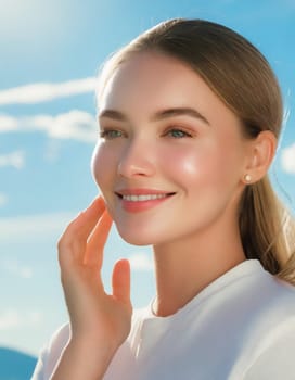 Skin care. Woman with beauty face touching healthy facial skin portrait. Beautiful smiling asian girl model with natural makeup touching glowing hydrated skin on blue background closeup