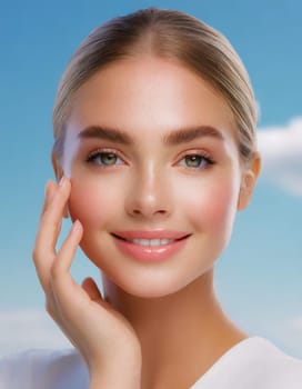 Skin care. Woman with beauty face touching healthy facial skin portrait. Beautiful smiling asian girl model with natural makeup touching glowing hydrated skin on blue background closeup