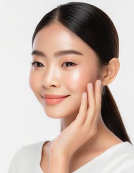 Skin care. Woman with beauty face touching healthy facial skin portrait. Beautiful smiling asian girl model with natural makeup touching glowing hydrated skin on blue background closeup