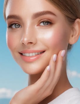 Skin care. Woman with beauty face touching healthy facial skin portrait. Beautiful smiling asian girl model with natural makeup touching glowing hydrated skin on blue background closeup