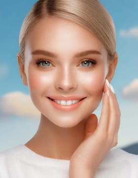 Skin care. Woman with beauty face touching healthy facial skin portrait. Beautiful smiling asian girl model with natural makeup touching glowing hydrated skin on blue background closeup