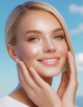 Skin care. Woman with beauty face touching healthy facial skin portrait. Beautiful smiling asian girl model with natural makeup touching glowing hydrated skin on blue background closeup