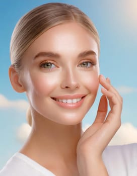 Skin care. Woman with beauty face touching healthy facial skin portrait. Beautiful smiling asian girl model with natural makeup touching glowing hydrated skin on blue background closeup