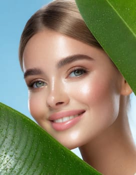 Portrait of young beautiful woman with healthy glow perfect smooth skin holds green tropical leaf, look into the hole of colored pink paper. Model with natural nude make up. Fashion, beauty, skincare