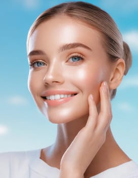 Skin care. Woman with beauty face touching healthy facial skin portrait. Beautiful smiling asian girl model with natural makeup touching glowing hydrated skin on blue background closeup