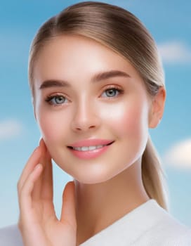 Skin care. Woman with beauty face touching healthy facial skin portrait. Beautiful smiling asian girl model with natural makeup touching glowing hydrated skin on blue background closeup