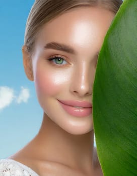 Portrait of young beautiful woman with healthy glow perfect smooth skin holds green tropical leaf, look into the hole of colored pink paper. Model with natural nude make up. Fashion, beauty, skincare