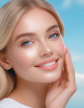 Skin care. Woman with beauty face touching healthy facial skin portrait. Beautiful smiling asian girl model with natural makeup touching glowing hydrated skin on blue background closeup