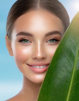 Portrait of young beautiful woman with healthy glow perfect smooth skin holds green tropical leaf, look into the hole of colored pink paper. Model with natural nude make up. Fashion, beauty, skincare