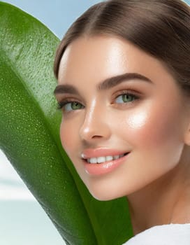 Portrait of young beautiful woman with healthy glow perfect smooth skin holds green tropical leaf, look into the hole of colored pink paper. Model with natural nude make up. Fashion, beauty, skincare