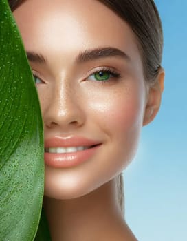 Portrait of young beautiful woman with healthy glow perfect smooth skin holds green tropical leaf, look into the hole of colored pink paper. Model with natural nude make up. Fashion, beauty, skincare
