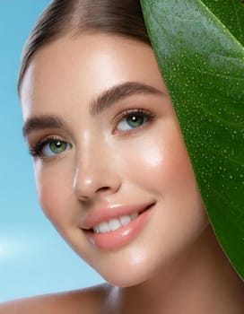 Portrait of young beautiful woman with healthy glow perfect smooth skin holds green tropical leaf, look into the hole of colored pink paper. Model with natural nude make up. Fashion, beauty, skincare