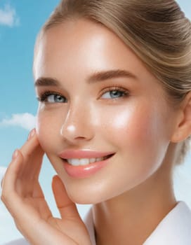 Skin care. Woman with beauty face touching healthy facial skin portrait. Beautiful smiling asian girl model with natural makeup touching glowing hydrated skin on blue background closeup