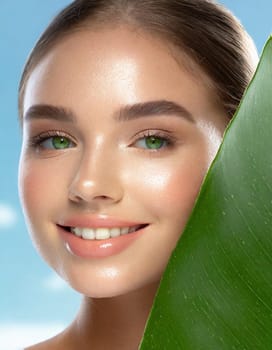 Portrait of young beautiful woman with healthy glow perfect smooth skin holds green tropical leaf, look into the hole of colored pink paper. Model with natural nude make up. Fashion, beauty, skincare