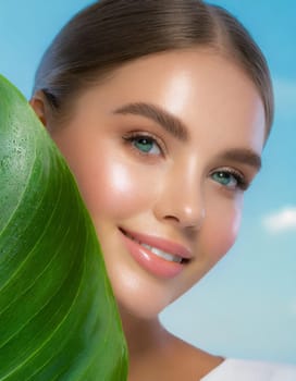 Portrait of young beautiful woman with healthy glow perfect smooth skin holds green tropical leaf, look into the hole of colored pink paper. Model with natural nude make up. Fashion, beauty, skincare