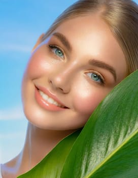 Portrait of young beautiful woman with healthy glow perfect smooth skin holds green tropical leaf, look into the hole of colored pink paper. Model with natural nude make up. Fashion, beauty, skincare