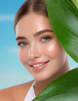 Portrait of young beautiful woman with healthy glow perfect smooth skin holds green tropical leaf, look into the hole of colored pink paper. Model with natural nude make up. Fashion, beauty, skincare