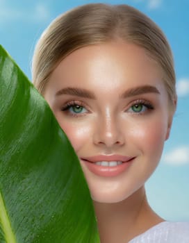 Portrait of young beautiful woman with healthy glow perfect smooth skin holds green tropical leaf, look into the hole of colored pink paper. Model with natural nude make up. Fashion, beauty, skincare