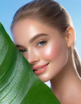 Portrait of young beautiful woman with healthy glow perfect smooth skin holds green tropical leaf, look into the hole of colored pink paper. Model with natural nude make up. Fashion, beauty, skincare