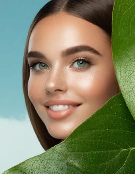 Portrait of young beautiful woman with healthy glow perfect smooth skin holds green tropical leaf, look into the hole of colored pink paper. Model with natural nude make up. Fashion, beauty, skincare