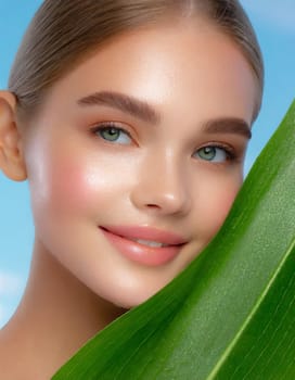 Portrait of young beautiful woman with healthy glow perfect smooth skin holds green tropical leaf, look into the hole of colored pink paper. Model with natural nude make up. Fashion, beauty, skincare