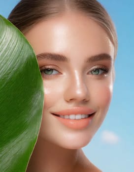 Portrait of young beautiful woman with healthy glow perfect smooth skin holds green tropical leaf, look into the hole of colored pink paper. Model with natural nude make up. Fashion, beauty, skincare