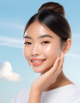 Skin care. Woman with beauty face touching healthy facial skin portrait. Beautiful smiling asian girl model with natural makeup touching glowing hydrated skin on blue background closeup
