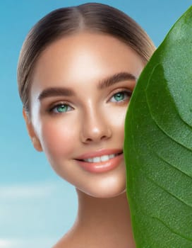 Portrait of young beautiful woman with healthy glow perfect smooth skin holds green tropical leaf, look into the hole of colored pink paper. Model with natural nude make up. Fashion, beauty, skincare