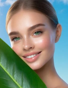 Portrait of young beautiful woman with healthy glow perfect smooth skin holds green tropical leaf, look into the hole of colored pink paper. Model with natural nude make up. Fashion, beauty, skincare