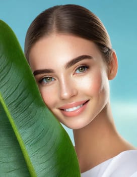 Portrait of young beautiful woman with healthy glow perfect smooth skin holds green tropical leaf, look into the hole of colored pink paper. Model with natural nude make up. Fashion, beauty, skincare