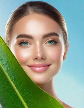 Portrait of young beautiful woman with healthy glow perfect smooth skin holds green tropical leaf, look into the hole of colored pink paper. Model with natural nude make up. Fashion, beauty, skincare