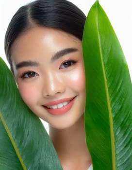 Gorgeous Asian young woman with a fresh leaf to her face