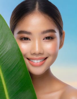 Portrait of young beautiful woman with healthy glow perfect smooth skin holds green tropical leaf, look into the hole of colored pink paper. Model with natural nude make up. Fashion, beauty, skincare