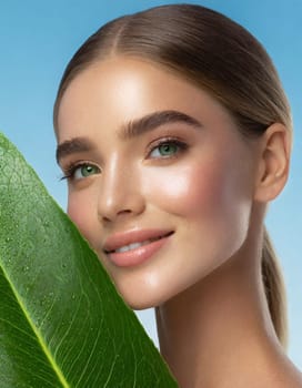 Portrait of young beautiful woman with healthy glow perfect smooth skin holds green tropical leaf, look into the hole of colored pink paper. Model with natural nude make up. Fashion, beauty, skincare
