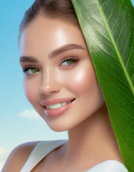 Portrait of young beautiful woman with healthy glow perfect smooth skin holds green tropical leaf, look into the hole of colored pink paper. Model with natural nude make up. Fashion, beauty, skincare