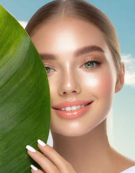 Portrait of young beautiful woman with healthy glow perfect smooth skin holds green tropical leaf, look into the hole of colored pink paper. Model with natural nude make up. Fashion, beauty, skincare