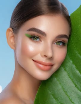 Portrait of young beautiful woman with healthy glow perfect smooth skin holds green tropical leaf, look into the hole of colored pink paper. Model with natural nude make up. Fashion, beauty, skincare