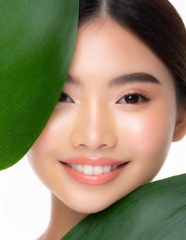 Gorgeous Asian young woman with a fresh leaf to her face
