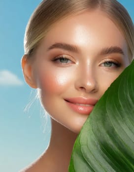 Beauty Spa Woman with a Fresh Leaf over Face