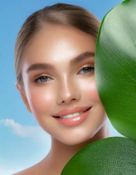 Portrait of young beautiful woman with healthy glow perfect smooth skin holds green tropical leaf, look into the hole of colored pink paper. Model with natural nude make up. Fashion, beauty, skincare