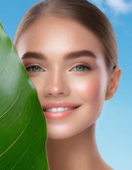 Portrait of young beautiful woman with healthy glow perfect smooth skin holds green tropical leaf, look into the hole of colored pink paper. Model with natural nude make up. Fashion, beauty, skincare