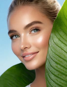 Portrait of young beautiful woman with healthy glow perfect smooth skin holds green tropical leaf, look into the hole of colored pink paper. Model with natural nude make up. Fashion, beauty, skincare
