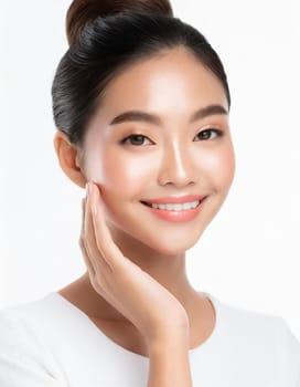Skin care. Woman with beauty face touching healthy facial skin portrait. Beautiful smiling asian girl model with natural makeup touching glowing hydrated skin on blue background closeup