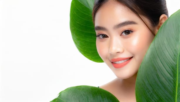 Portrait of young beautiful woman with healthy glow perfect smooth skin holds green tropical leaf. Model with natural nude make up. Gray background.