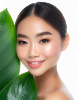 Gorgeous Asian young woman with a fresh leaf to her face