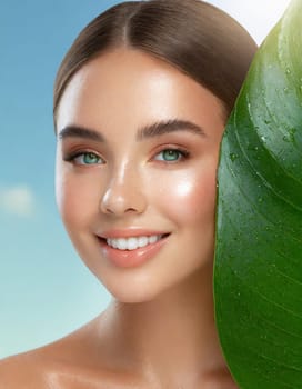 Portrait of young beautiful woman with healthy glow perfect smooth skin holds green tropical leaf, look into the hole of colored pink paper. Model with natural nude make up. Fashion, beauty, skincare