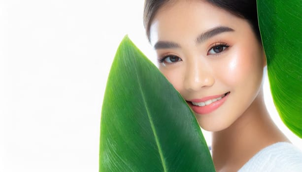 Portrait of young beautiful woman with healthy glow perfect smooth skin holds green tropical leaf. Model with natural nude make up. Gray background.